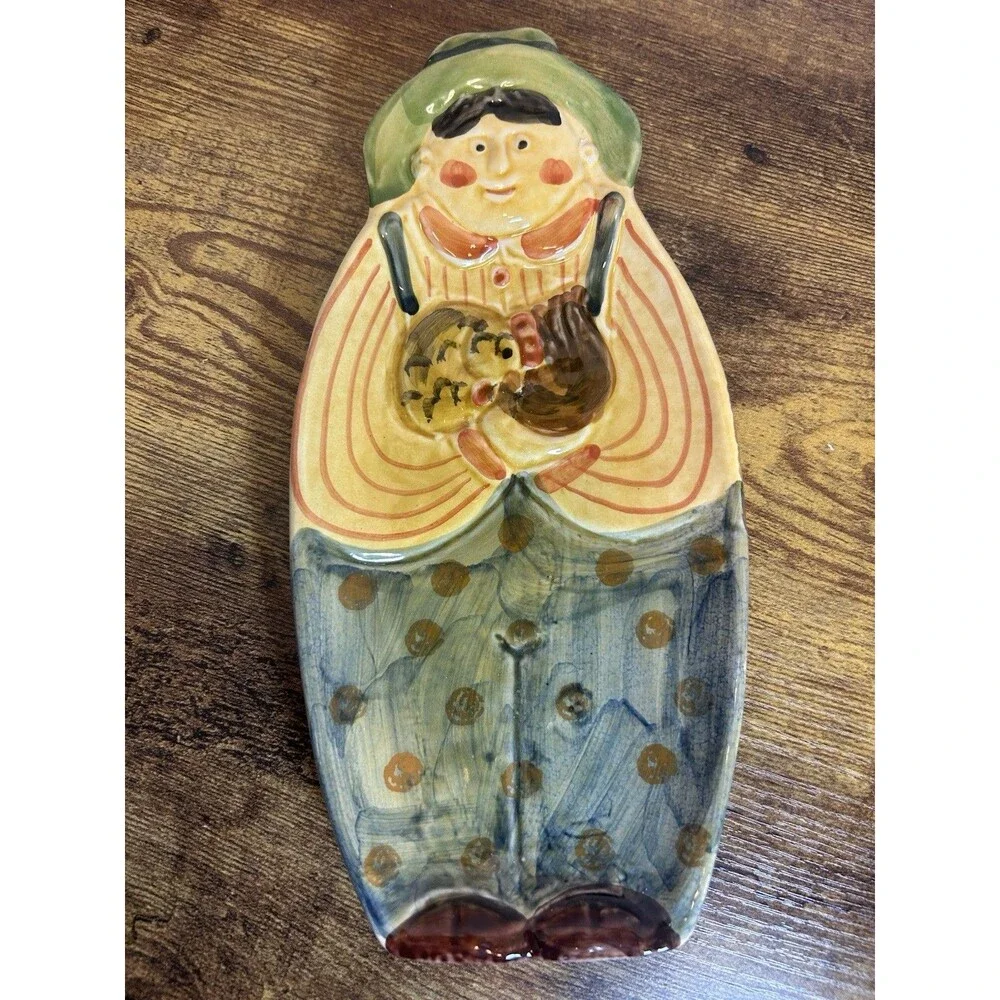 Vintage Italy Hand Painted Ceramic Farmer with Chicken Figural Serving Tray Dish